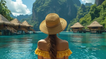 Rear view of woman wearing a straw hat on a boat in the sea off an island resort in southern Thailand.