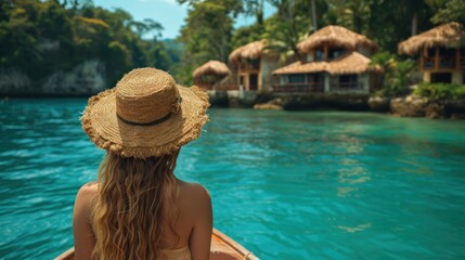 Rear view of woman wearing a straw hat on a boat in the sea outside a beautiful island resort