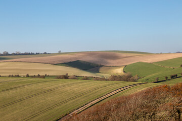 Fototapeta na wymiar Looking out over an undulating Sussex landscape with a blue sky overhead