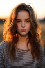 Fototapeta premium An evening portrait of a teenage girl in casual clothes posed for photos before sunset in gentle evening sunlight.