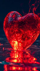 glowing red heart in a fluid, dynamic texture that seems to be made of light and fire, set against a dark backdrop with ethereal smoke tendrils, symbolizing intense passion, love, and vitality