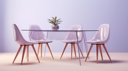 A sleek glass-top dining table with modern chairs on a soft lavender background