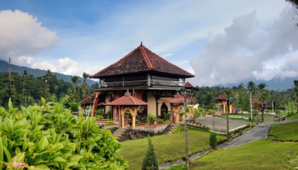 Fototapeta na wymiar Villa with Minangkabau house or Rumah Gadang style in a beautiful landscape view