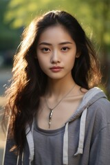 Naklejka premium Portrait of a beautiful teenage girl wearing casual clothes and posing for photos against the soft morning sunlight.