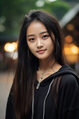 Obraz premium Portrait of a beautiful teenage girl wearing casual clothes and posing for photos against the soft morning sunlight.