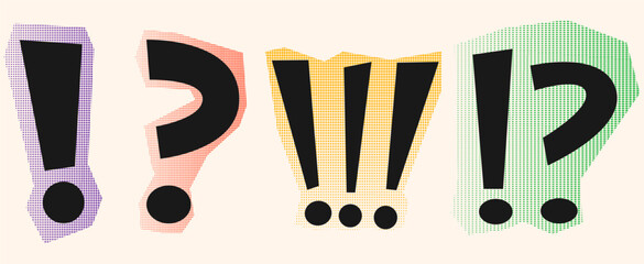 Doodle exclamation point and question sign mark set. Pop art style exclamation point sign, question mark. Halftone illustration