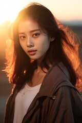 Portrait of a beautiful young Asian girl wearing casual clothes and posing for a photo in the soft evening sunlight before sunset.