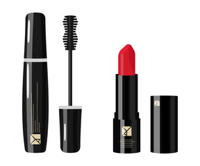 A set of mascara and lipstick. Flat vector illustration.