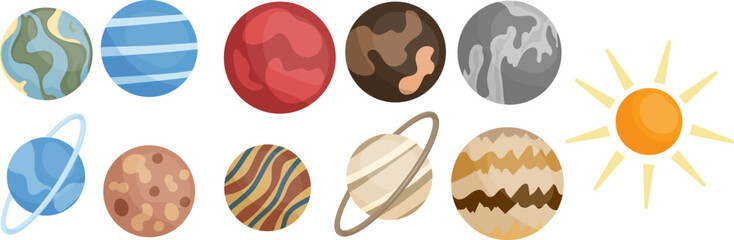 Cute Solar System planets set. Moon, Sun and other planets illustration. Vector giants Jupiter and Saturn, Uranus, Neptune, Pluto, Mercury, Venus and Earth, Mars cliparts