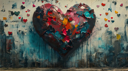 shredded colorful heart melting on a wall ilustrating the concept of heartbreak - obrazy, fototapety, plakaty