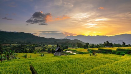 Asian scenery when the morning sun is beautiful over the mountains and green rice fields in the...