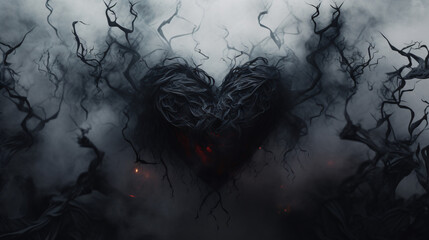 Interlaced black hearts of the witch in the fog