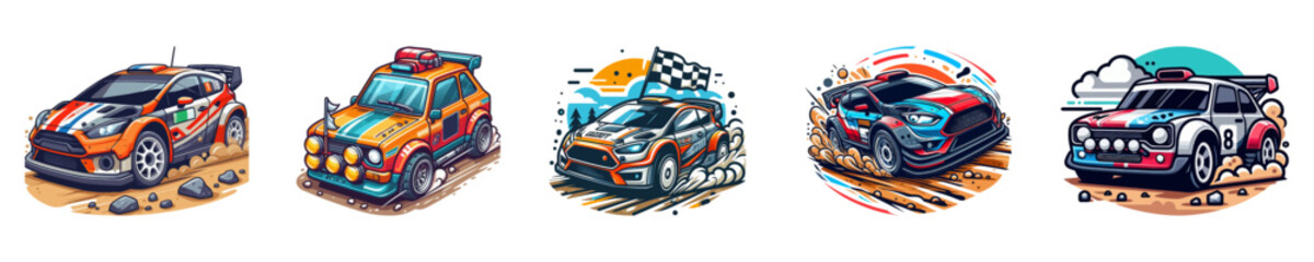 Cartoon rally car icon set. Vector illustration