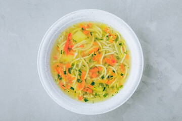 Chicken soup noodles. Chicken healthy soup bowl
