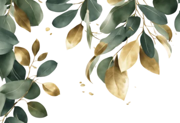 Gordijnen Bouquet made of green and golden watercolor eucalyptus leaves wedding illustration © ArtisticLens
