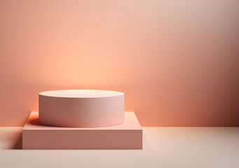 Simple minimalistic podium. Place to insert an object. Clean empty peach pastel background. Copy space.