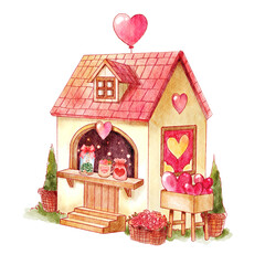House decorated with flower and heart . Watercolor painting design . Valentine day concept . PNG .