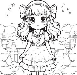 cute cartoon anime girl coloring page illustration generative ai