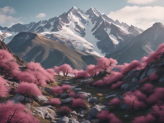 Obraz premium View of snow covered mountain range, clouds above peaks. Lust lavender foothills in foreground.
