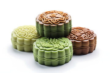 Traditional Chinese skin mooncakes for mid autumn festival with fruit, taro and matcha paste