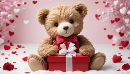 Teddy bear holding a gift box for Valentine's Day