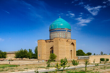 Rabigha Sultan Begim Mausoleum, 15th-century Sheibanid structure, with a turquoise dome, brick...