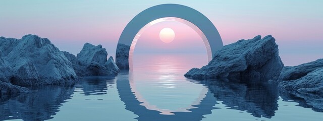 3d render,abstract zen seascape background.new world,calm water and pastel gradient sky.Futuristic minimalist wallpaper.