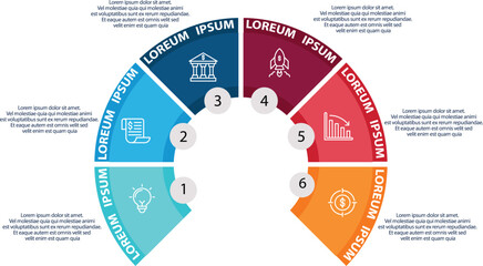 Collection of vector circle chart infographic templates for presentations, advertising, layouts, annual reports. 6 options, steps, parts,flywheel