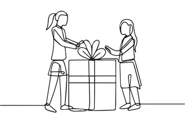  One line drawing continuous line A gift box is giving a paw to gift box GIRL trainer and a gift box that