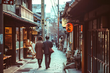 飲み屋横丁と男女。架空の日本の昭和イメージ。古い写真、Generative AI