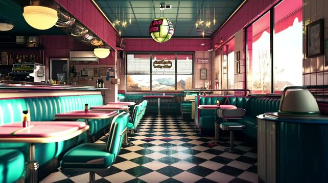 vintage diner for valentine celebration, loop video background animation, cartoon anime style, for vtuber / streamer backdrop