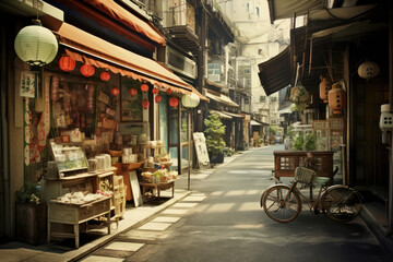 下町の駄菓子屋。架空の日本の昭和イメージ。古い写真、A photo of Japan's old downtown area. Nostalgic old photo. A fictional town.Generative AI