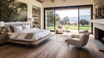 Country Comfort: Modern Bedroom with Farmhouse Flair and Hardwood Flooring