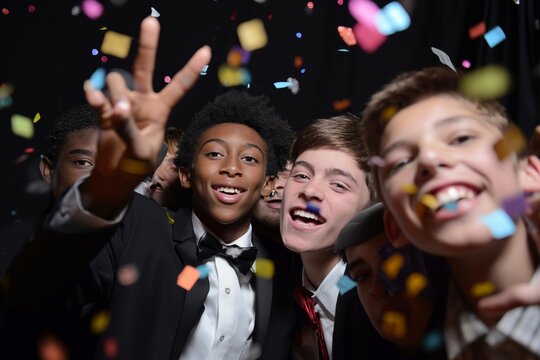 Group of teenagers having fun, taking photo together at school prom