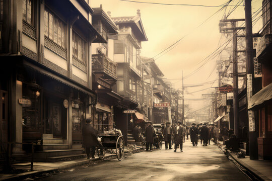古い浅草や銀座のイメージ。架空の日本の昭和イメージ。古い写真、Generative AI
