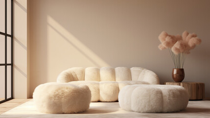 Fototapeta na wymiar Elegant Comfort: Minimalist Living Room with Sheepskin Poufs and Curved Sofa