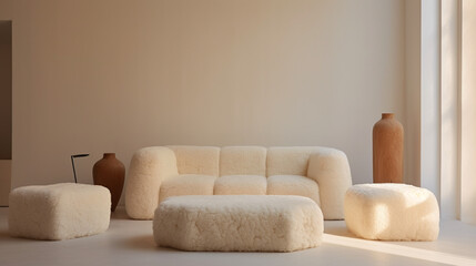 Fototapeta na wymiar Luxurious Minimalism: Fluffy Sheepskin Poufs and Curved Sofa in Villa Living Room