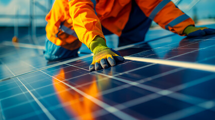 Engineer installing solar panels at sunset, renewable energy concept. Shallow field of view.