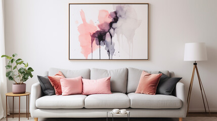 Contemporary Contrast: Grey Sofa with Pink Accents in Modern Living Room