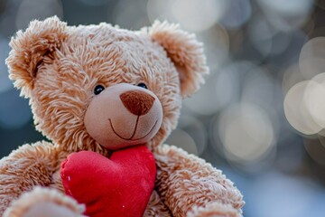 Close-up of a cute teddy bear with a heart, evoking feelings of love and tenderness