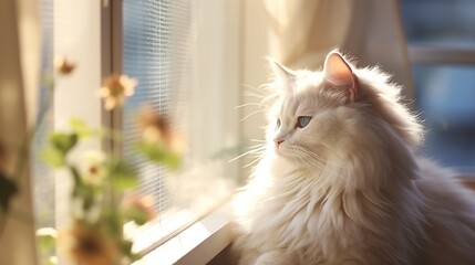 Cute cat relaxes on a window sill and looks out of the window with curiosity, in the rays of the...