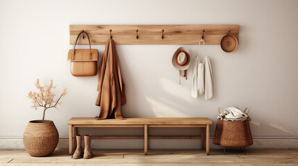 Farmhouse Elegance: Rustic Entryway with Wall-Mounted Coat Rack and Bench
