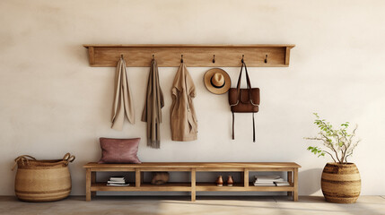 Country Charm: Hook Wall Mounted Coat Rack and Wooden Bench in Modern Entryway