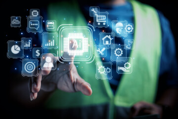 Engineer or businessman presenting online network To exchange industrial systems, technology, industrial cloud technology concepts
