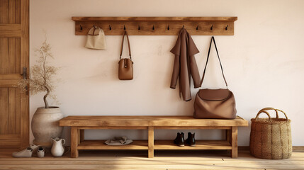 Fototapeta na wymiar Rustic Welcome: Wall-Mounted Coat Rack Above Wooden Bench in Farmhouse Entryway