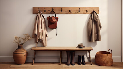 Rustic Welcome: Wall-Mounted Coat Rack Above Wooden Bench in Farmhouse Entryway