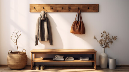 Rustic Welcome: Wall-Mounted Coat Rack Above Wooden Bench in Farmhouse Entryway
