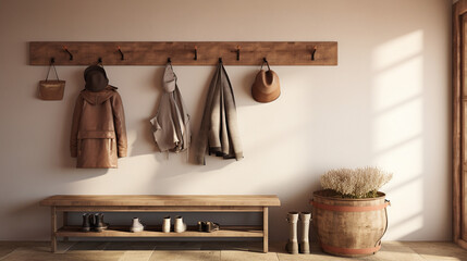 Rustic Welcome: Wall-Mounted Coat Rack Above Wooden Bench in Farmhouse Entryway