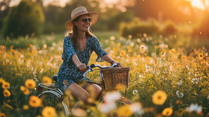A happy smiling woman in a dress rides a bicycle along a country road in a flowering meadow....