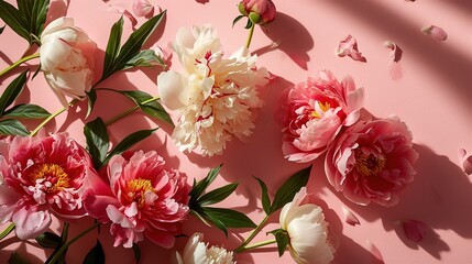 A branch of blooming pink and white peony flowers with delicate petals lie on a pink background. Spring card background